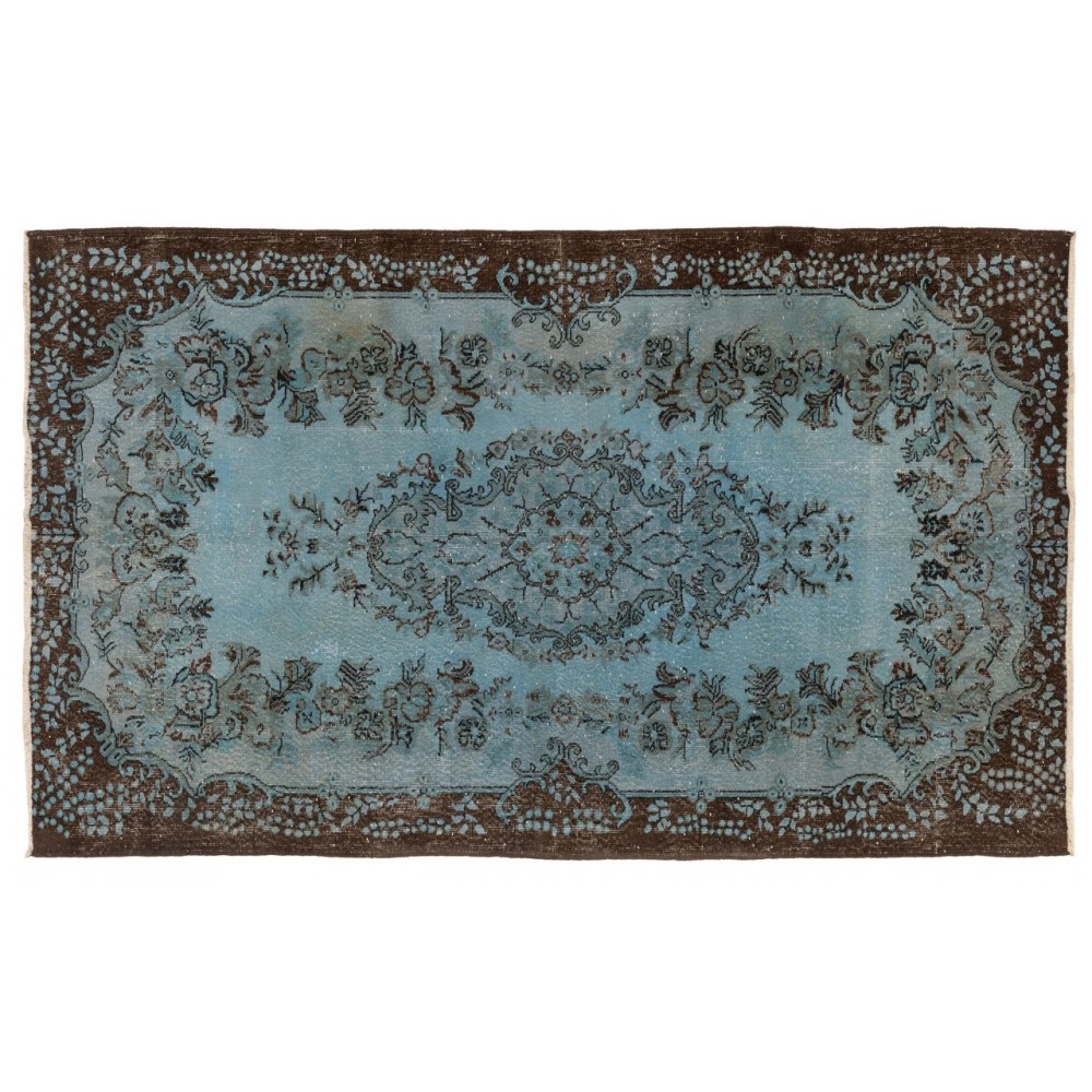 Denim Blue Re-Dyed Handmade Turkish Rug. Vintage Baroque Design Carpet