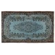 Denim Blue Re-Dyed Handmade Turkish Rug. Vintage Baroque Design Carpet