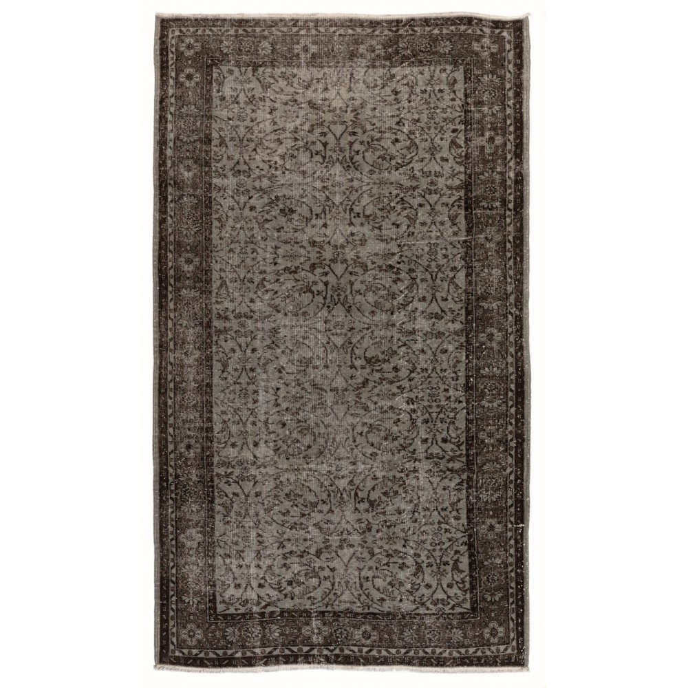 Vintage Floral Motif Handmade Turkish Area Rug Over-dyed in Bluish Gray for Contemporary Home & Office