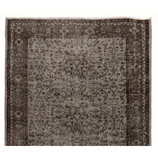 Vintage Floral Motif Handmade Turkish Area Rug Over-dyed in Bluish Gray for Contemporary Home & Office