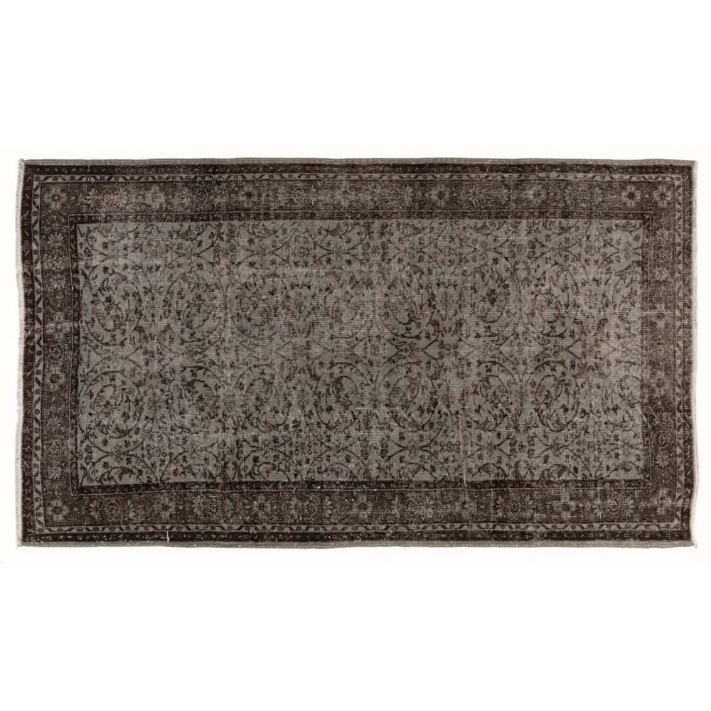Vintage Floral Motif Handmade Turkish Area Rug Over-dyed in Bluish Gray for Contemporary Home & Office