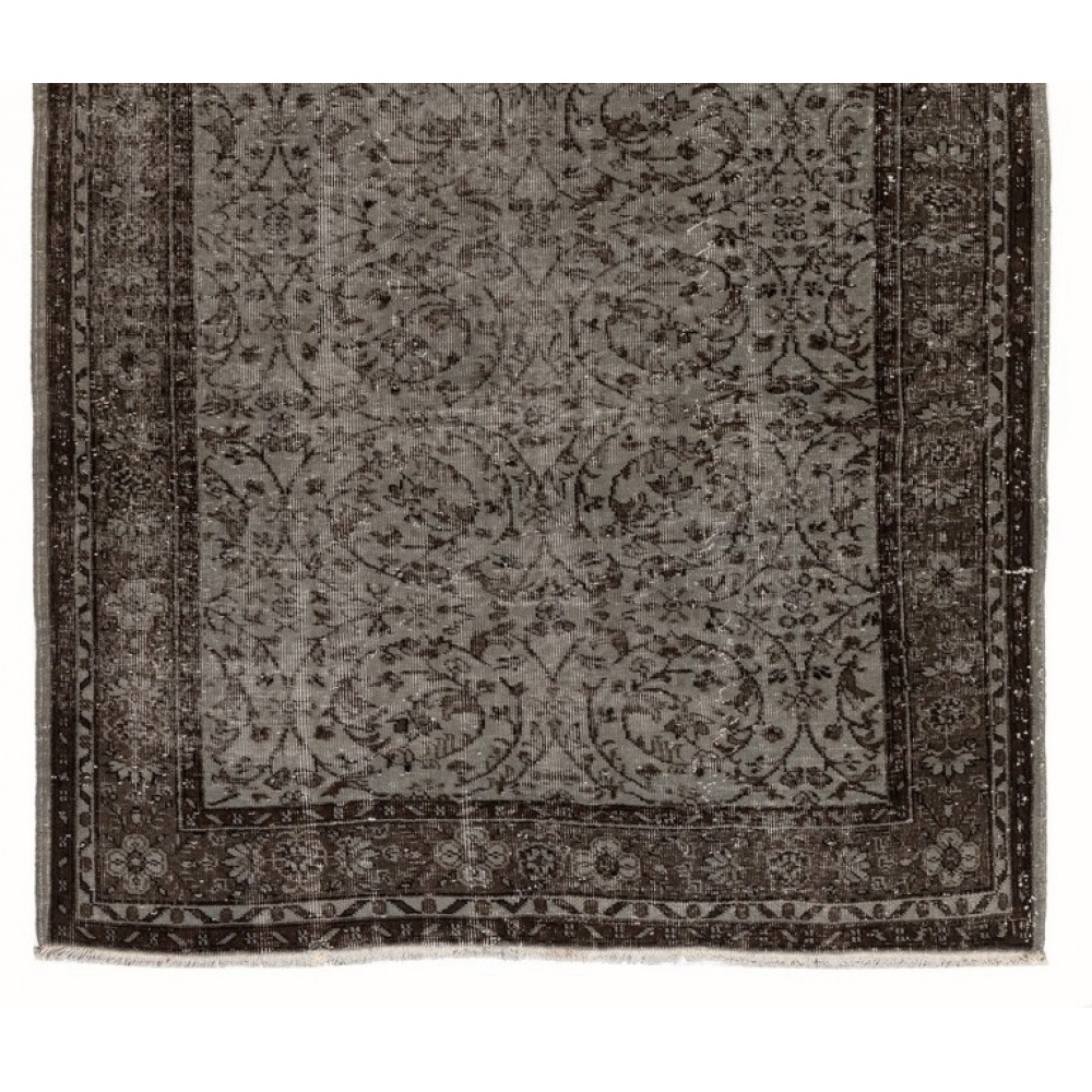 Vintage Floral Motif Handmade Turkish Area Rug Over-dyed in Bluish Gray for Contemporary Home & Office