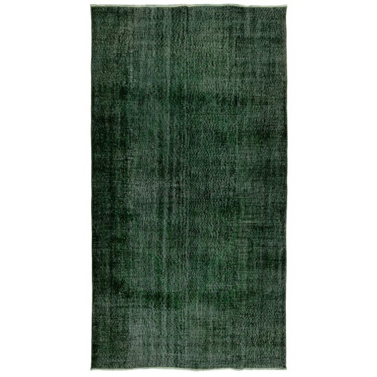 Vintage Handmade Turkish Rug Over-dyed in Green Color. Woolen Floor Covering