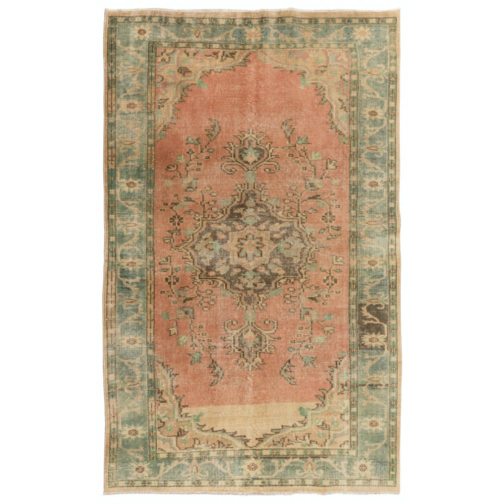 Vintage Medallion Oushak Rug with Soft Peach, Green, Sand, Brown Colors