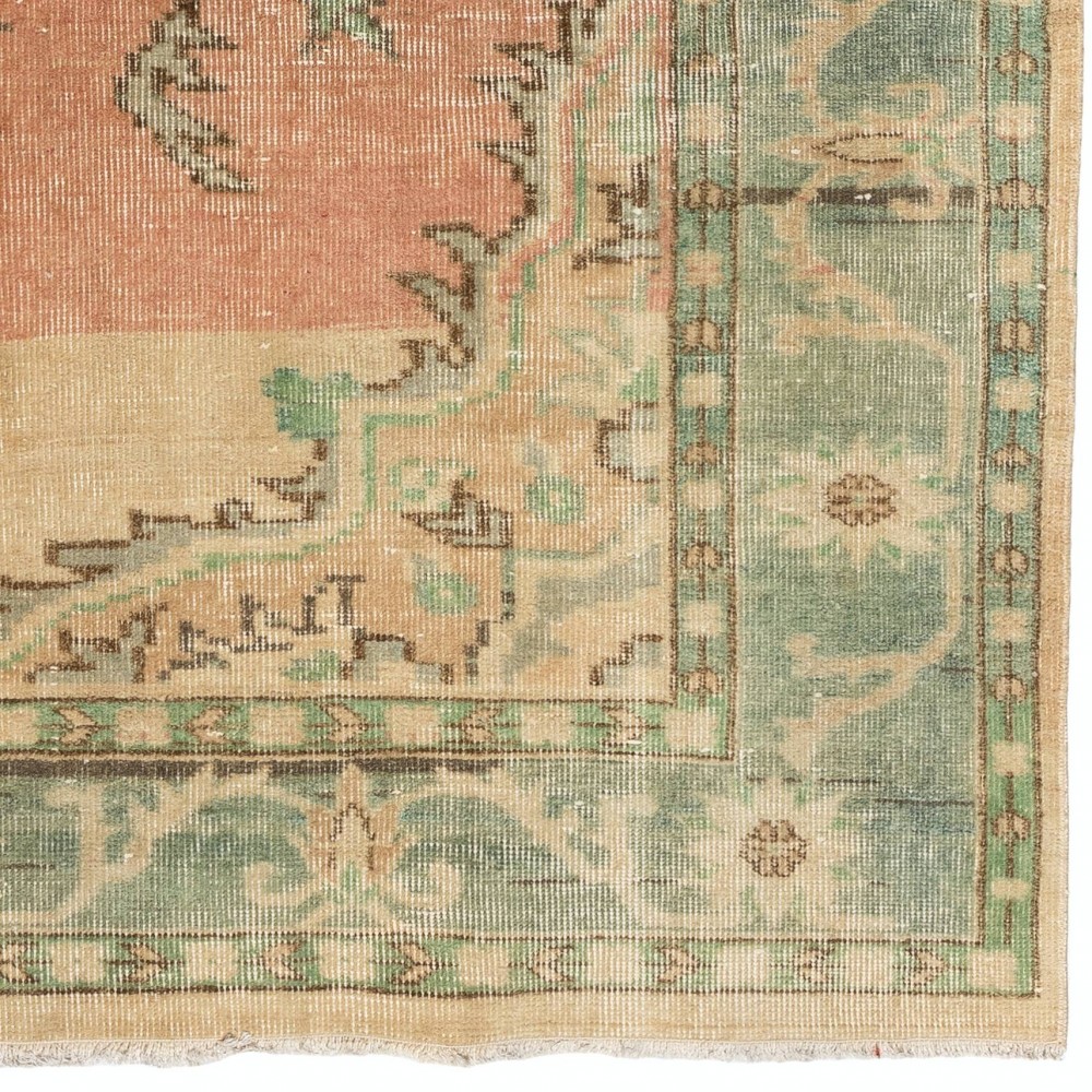 Vintage Medallion Oushak Rug with Soft Peach, Green, Sand, Brown Colors