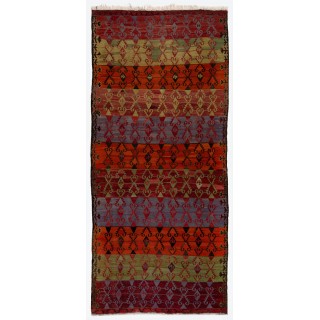 Vintage Handwoven Turkish Runner Kilim (Flat-weave) with Geometric Design. %100 Wool