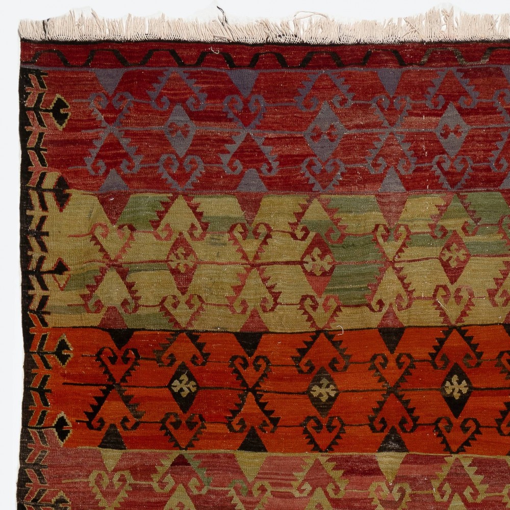 Vintage Handwoven Turkish Runner Kilim (Flat-weave) with Geometric Design. %100 Wool