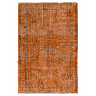Distressed Vintage Handmade Turkish Rug Over-dyed in Orange Color. Woolen Floor Covering