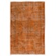 Distressed Vintage Handmade Turkish Rug Over-dyed in Orange Color. Woolen Floor Covering