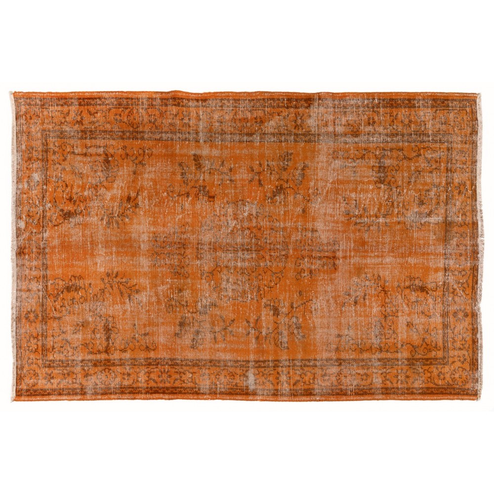 Distressed Vintage Handmade Turkish Rug Over-dyed in Orange Color. Woolen Floor Covering
