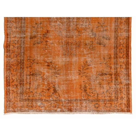 Distressed Vintage Handmade Turkish Rug Over-dyed in Orange Color. Woolen Floor Covering