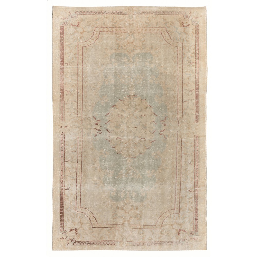 French-Aubusson Inspired Vintage Distressed Handmade Turkish Wool Rug