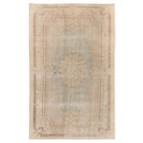 French-Aubusson Inspired Vintage Distressed Handmade Turkish Wool Rug