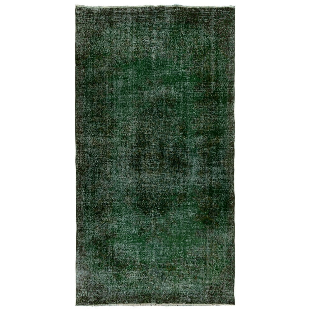 Handmade Turkish Rug Over-dyed in Green Color. Woolen Floor Covering