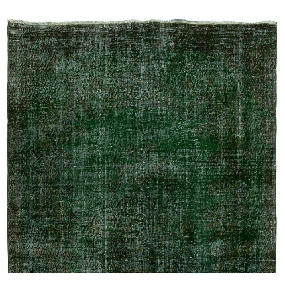 Handmade Turkish Rug Over-dyed in Green Color. Woolen Floor Covering