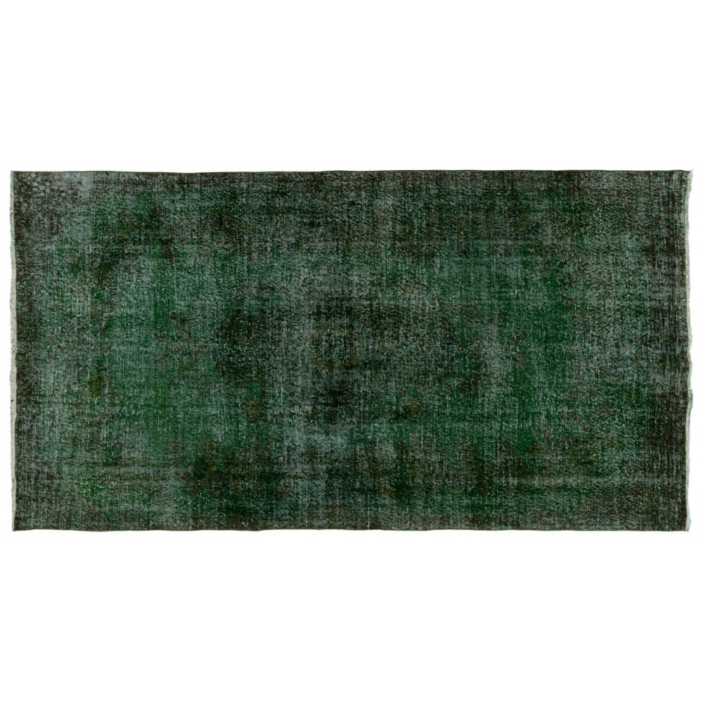 Handmade Turkish Rug Over-dyed in Green Color. Woolen Floor Covering