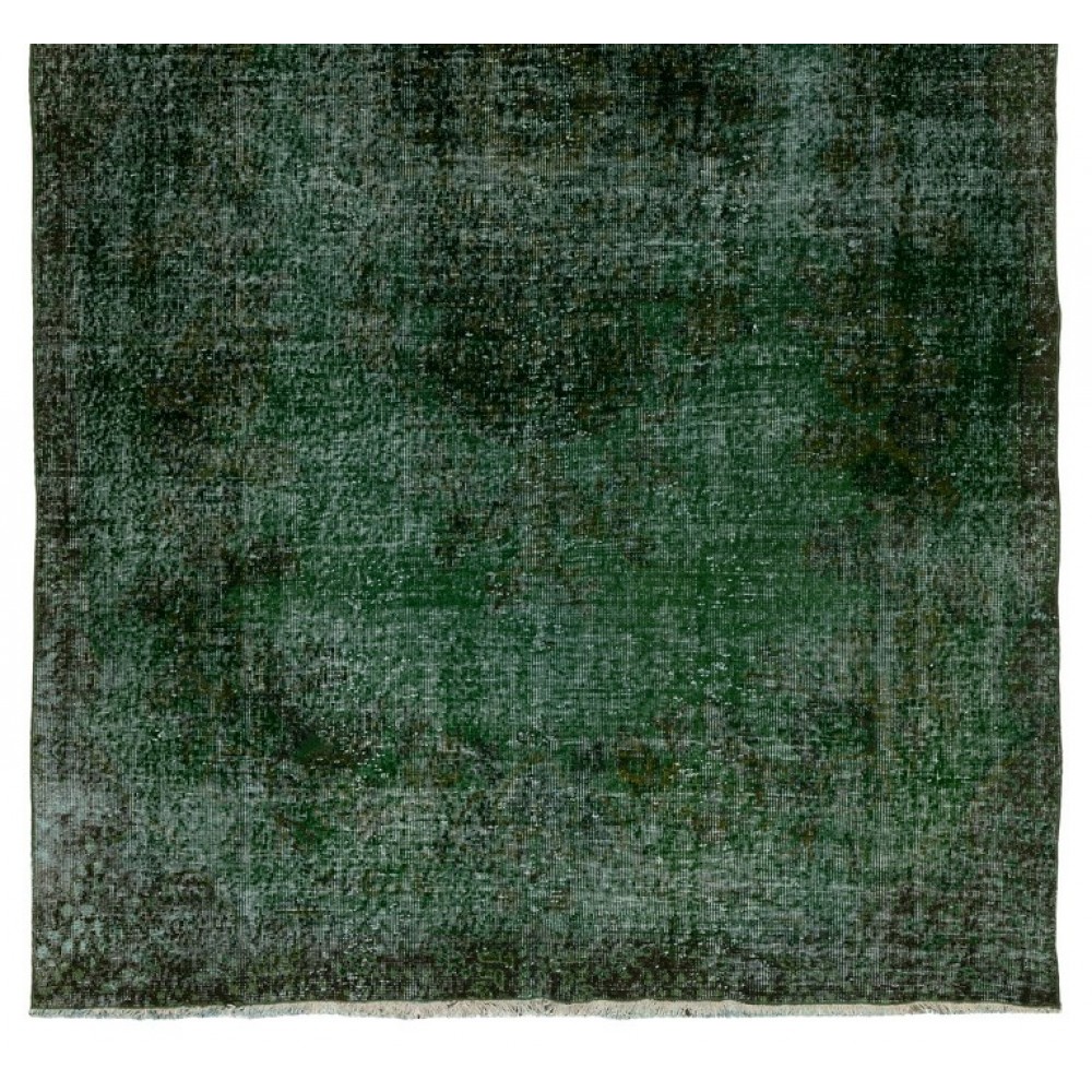Handmade Turkish Rug Over-dyed in Green Color. Woolen Floor Covering
