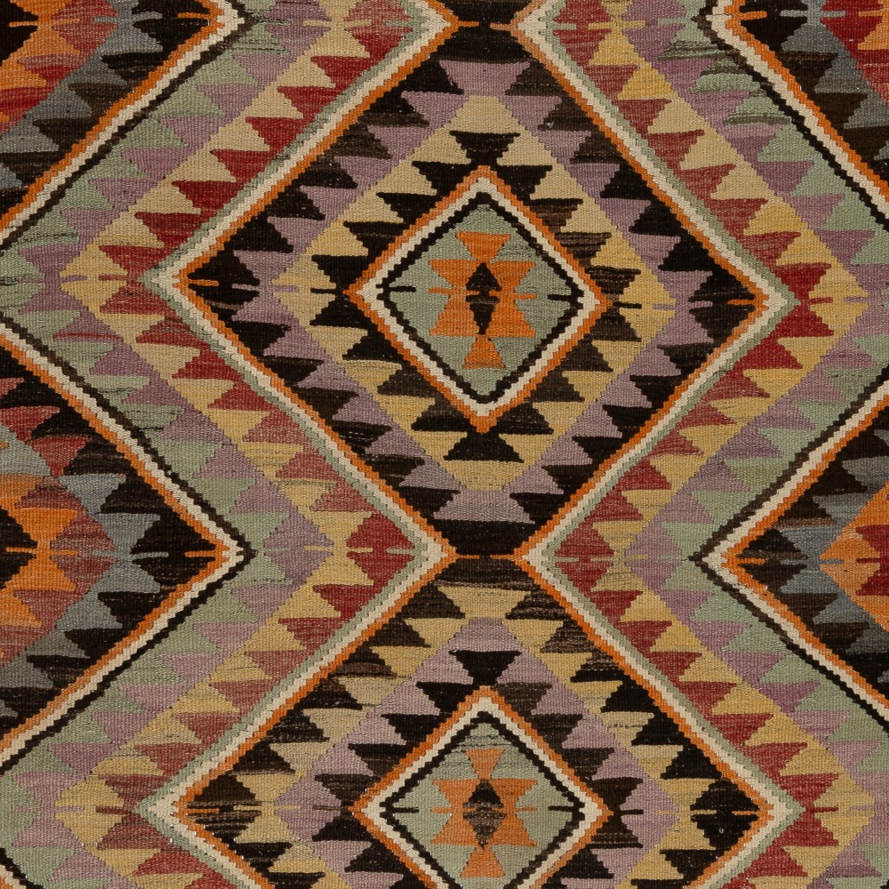 Vintage Handwoven Turkish Kilim, Geometric Diamond and Chevron Design Flatweave Rug, 100% Wool