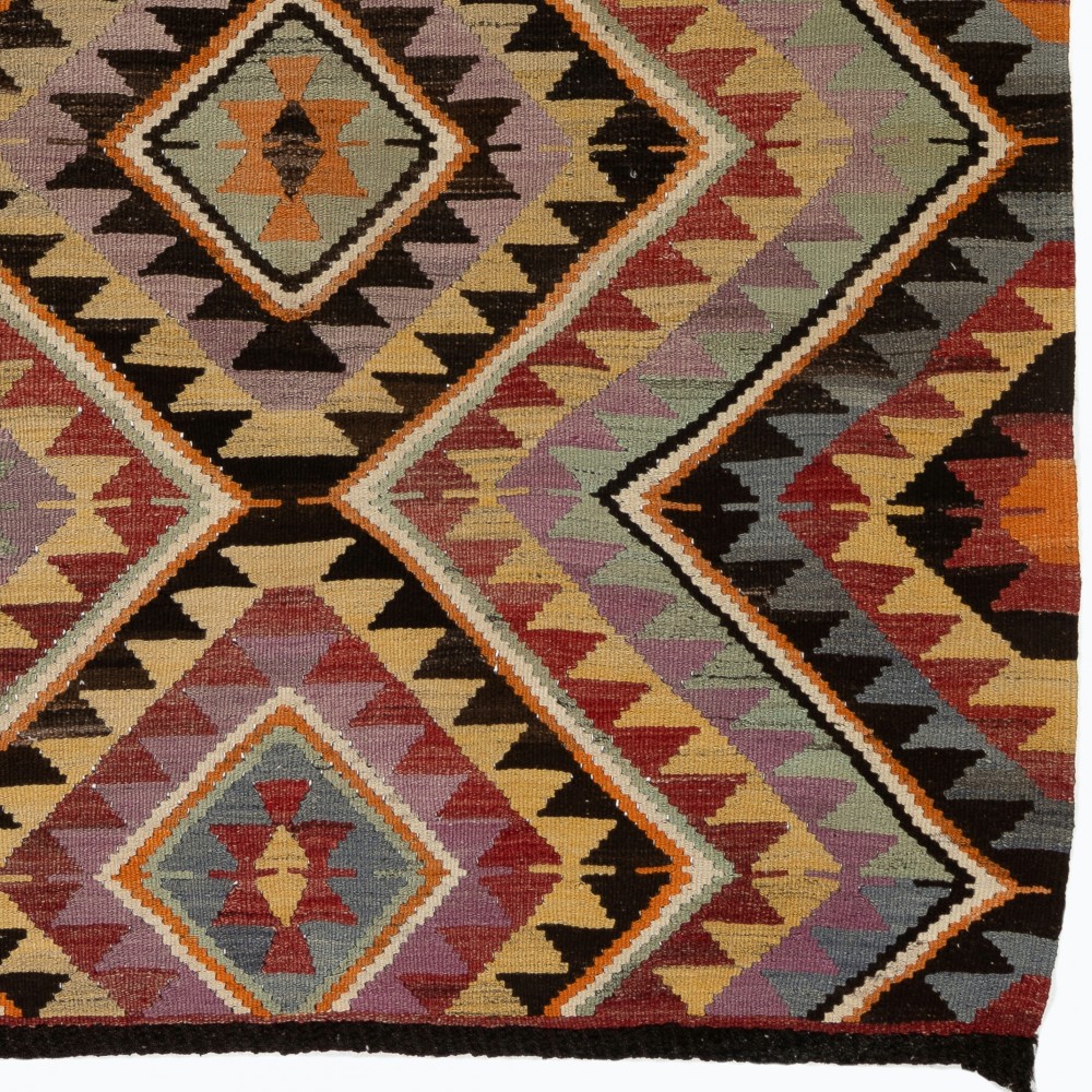 Vintage Handwoven Turkish Kilim, Geometric Diamond and Chevron Design Flatweave Rug, 100% Wool