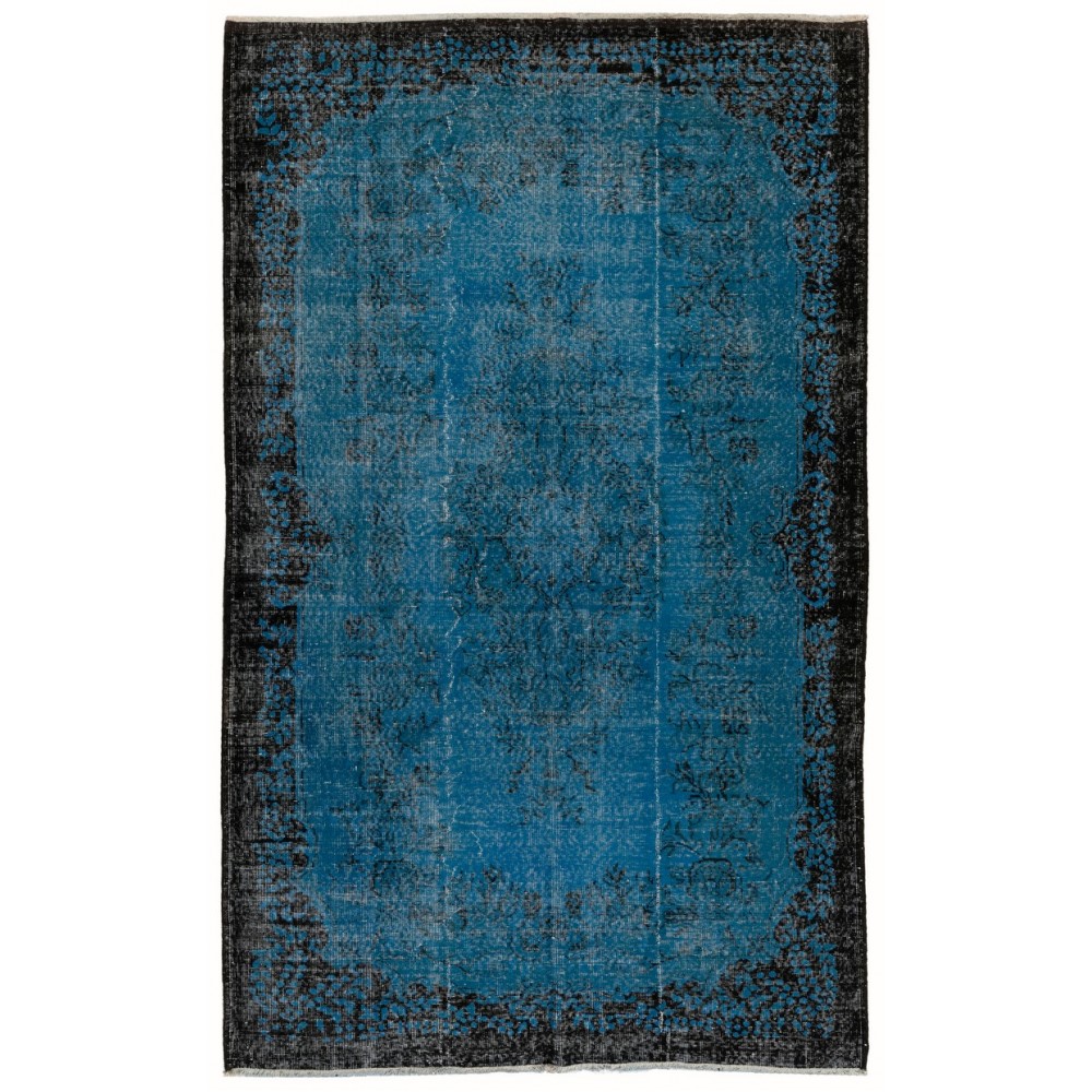Indigo Blue Re-Dyed Vintage Turkish Rug. Hand-Knotted Baroque Design Carpet