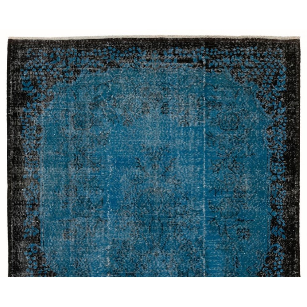 Indigo Blue Re-Dyed Vintage Turkish Rug. Hand-Knotted Baroque Design Carpet