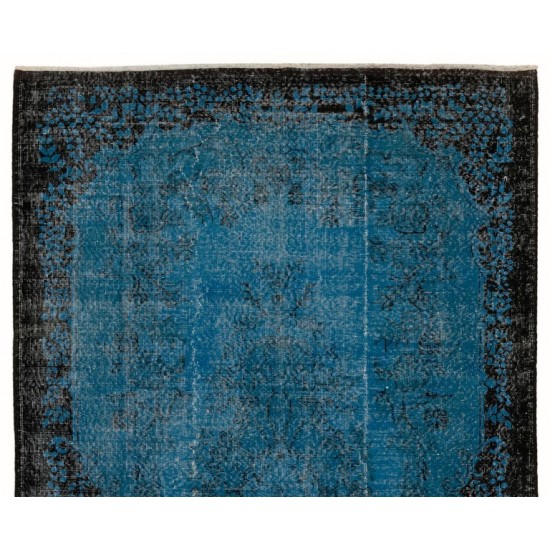 Indigo Blue Re-Dyed Vintage Central Anatolian Rug. Hand-Knotted Baroque Design Carpet