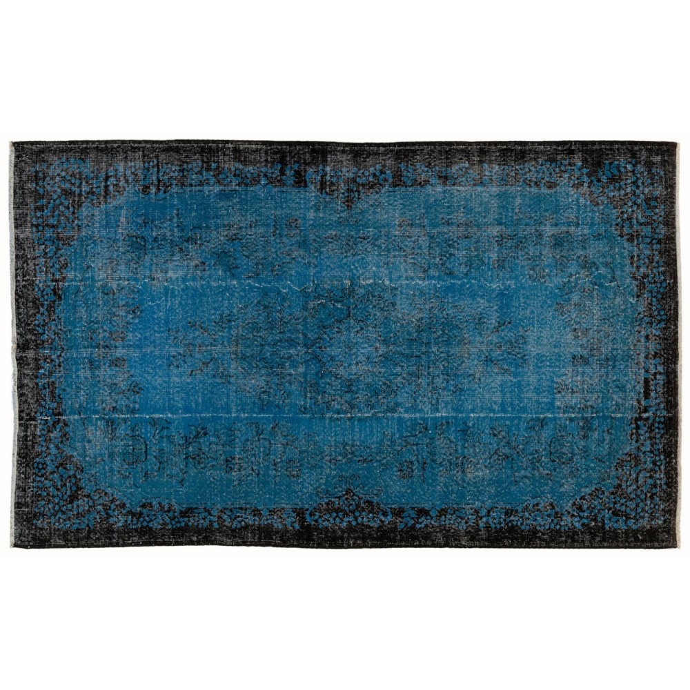 Indigo Blue Re-Dyed Vintage Turkish Rug. Hand-Knotted Baroque Design Carpet