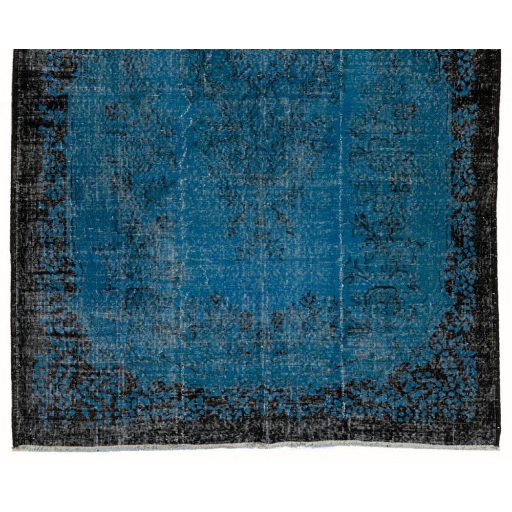 Indigo Blue Re-Dyed Vintage Turkish Rug. Hand-Knotted Baroque Design Carpet