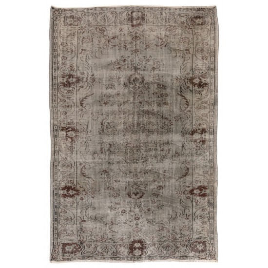 Vintage Floral Design Anatolian Rug Overdyed in Gray Color
