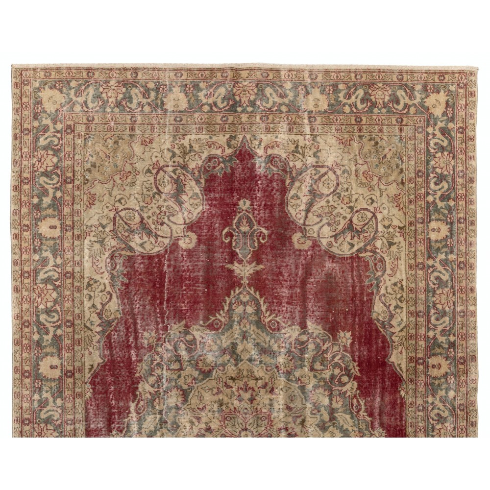 Hand-Knotted Vintage Turkish Oushak Wool Area Rug in Red and Beige
