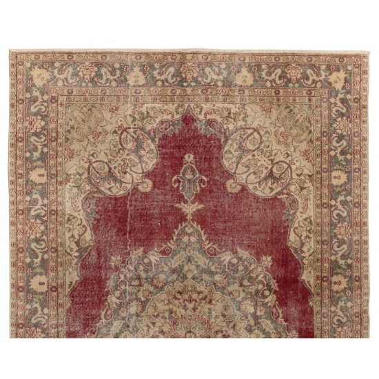 Hand-Knotted Vintage Turkish Oushak Wool Area Rug in Red and Beige