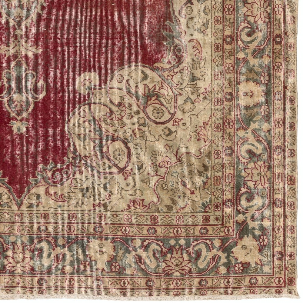 Hand-Knotted Vintage Turkish Oushak Wool Area Rug in Red and Beige