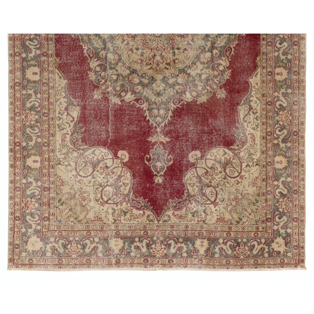 Hand-Knotted Vintage Turkish Oushak Wool Area Rug in Red and Beige