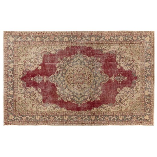 Hand-Knotted Vintage Turkish Oushak Wool Area Rug in Red and Beige