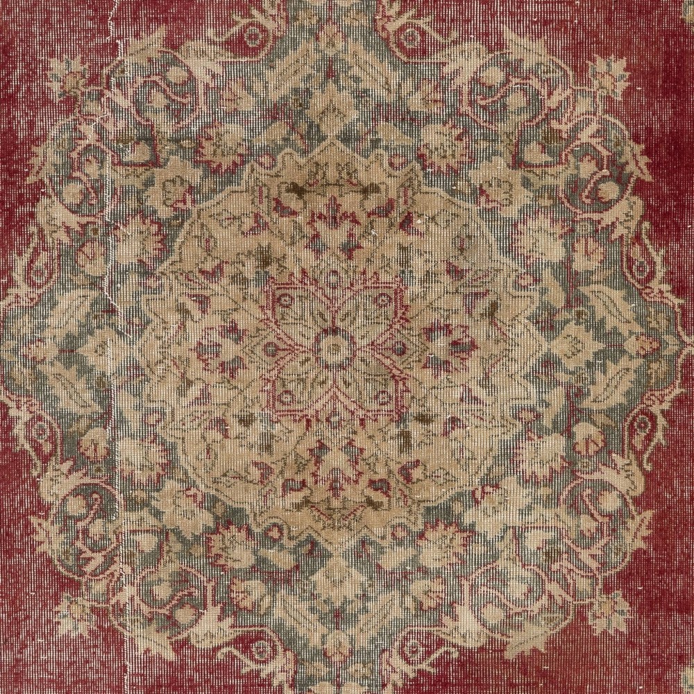 Hand-Knotted Vintage Turkish Oushak Wool Area Rug in Red and Beige