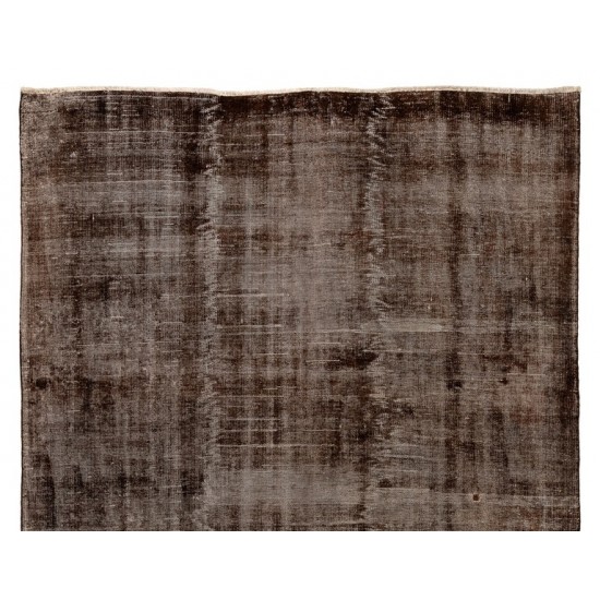 Brown Color Overdyed Distressed Vintage Rug. Hand-knotted, Wool