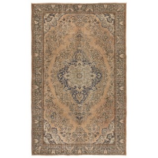 Vintage Handmade Turkish Wool Rug, Faded Peach, Apricot, Mint Green, Gray, Green & Brown Colors