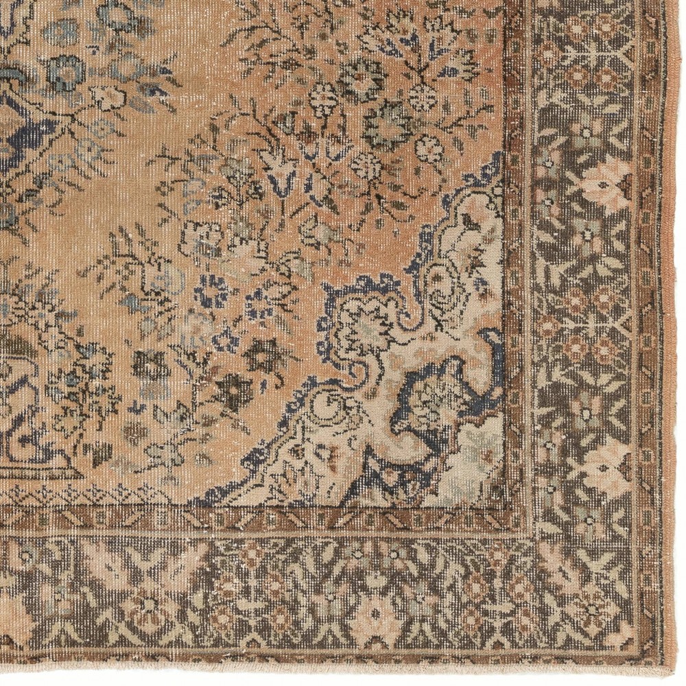 Vintage Handmade Turkish Wool Rug, Faded Peach, Apricot, Mint Green, Gray, Green & Brown Colors