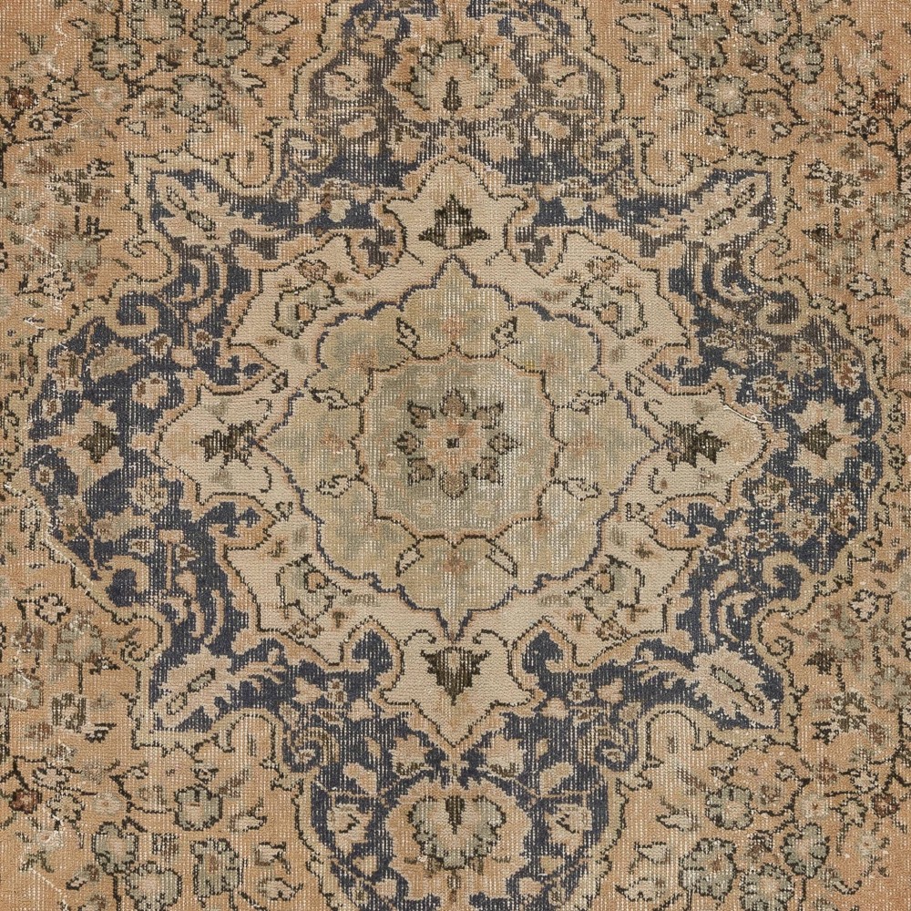 Vintage Handmade Turkish Wool Rug, Faded Peach, Apricot, Mint Green, Gray, Green & Brown Colors