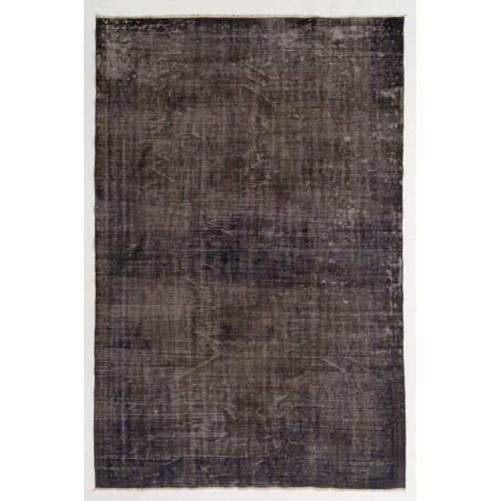 Abstract, Distressed Vintage Rug Overdyed in Gray Color