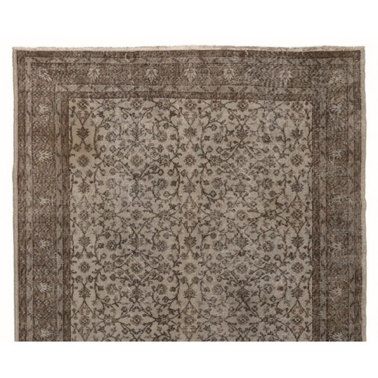 Gray Color OVERDYED Handmade Vintage Turkish Rug with Floral Design