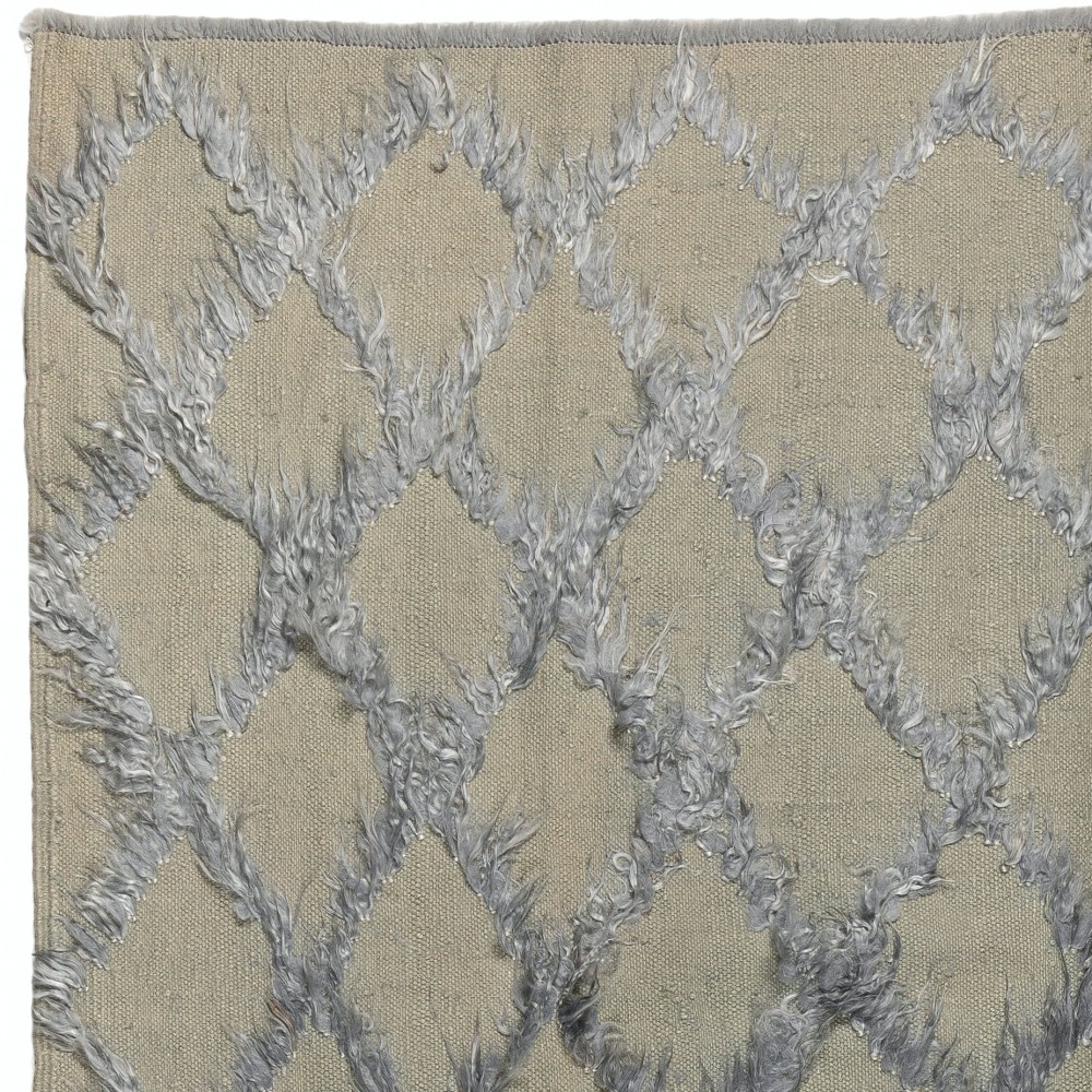 Gray Color Diamond Pattern Mohair Tulu Rug, Wool Floor Covering