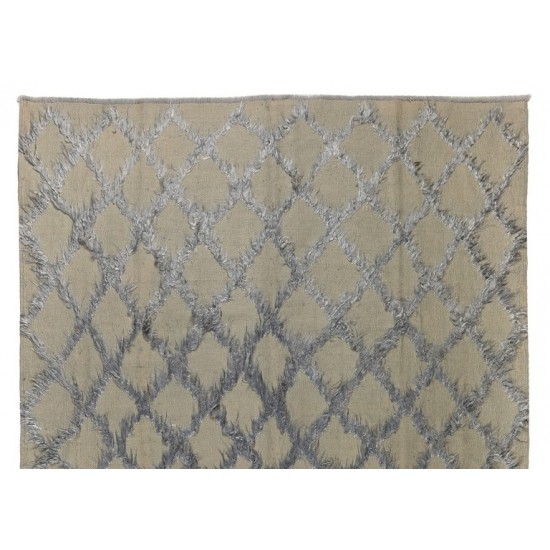 Gray Color Diamond Pattern Mohair Tulu Rug, Wool Floor Covering