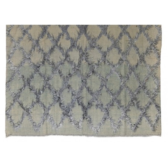 Gray Color Diamond Pattern Mohair Tulu Rug, Wool Floor Covering