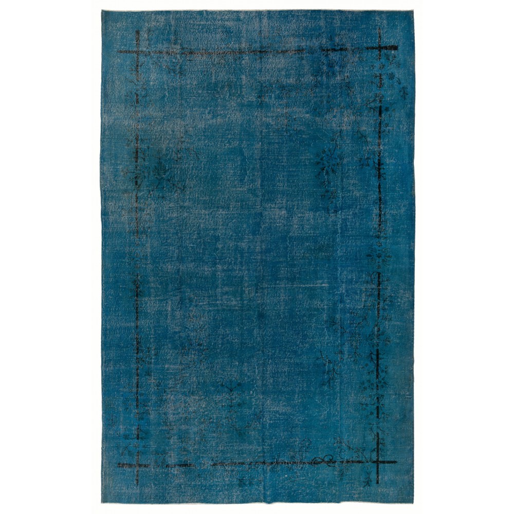 Vintage Art Deco Rug Overdyed in Blue for Modern Home & Office Decor