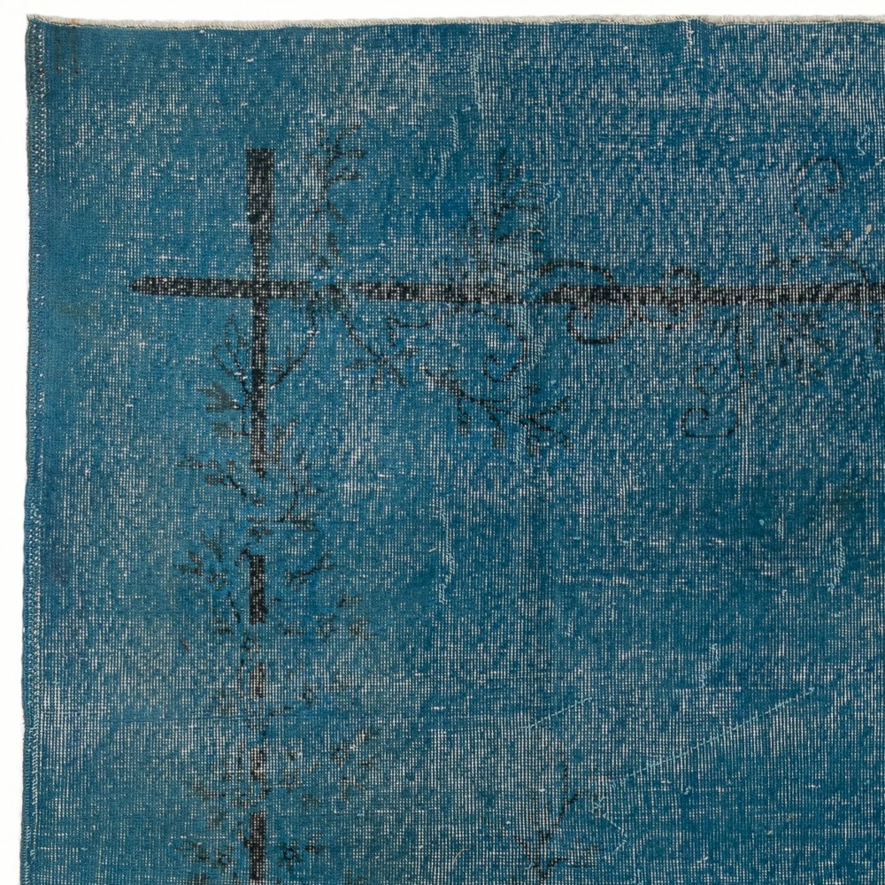 Vintage Art Deco Rug Overdyed in Blue for Modern Home & Office Decor