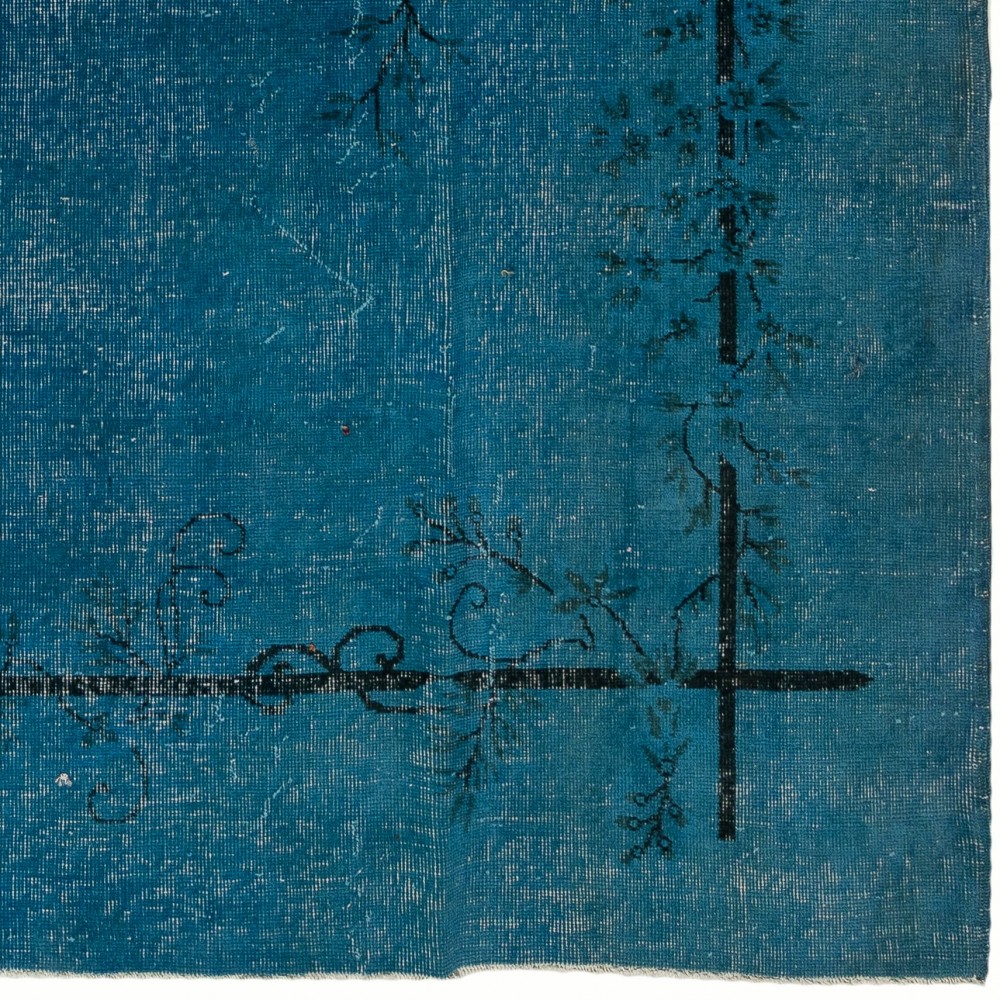 Vintage Art Deco Rug Overdyed in Blue for Modern Home & Office Decor