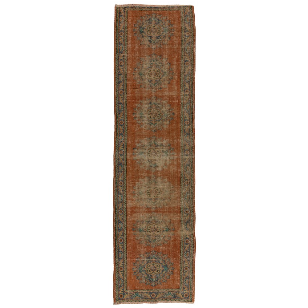 Vintage Hand-Knotted Turkish Wool Runner Rug in Rust Red, Indigo