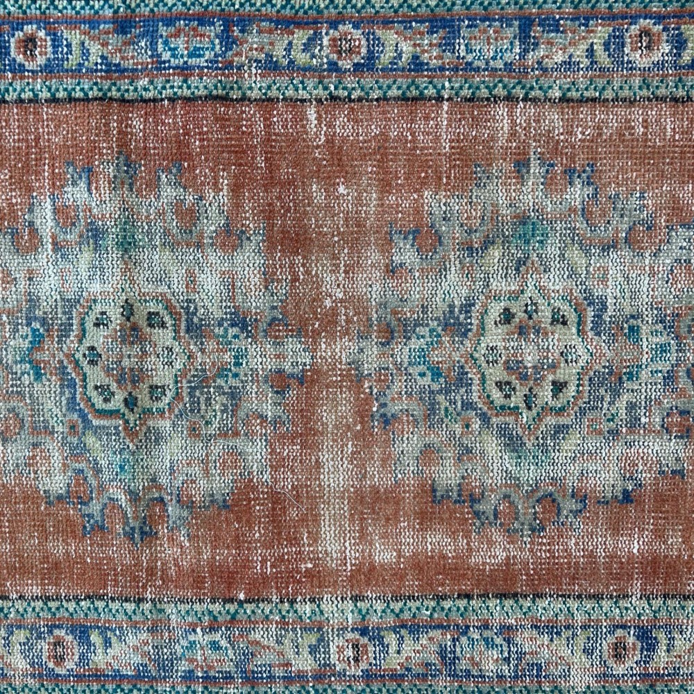 Vintage Hand-Knotted Turkish Wool Runner Rug in Rust Red, Indigo