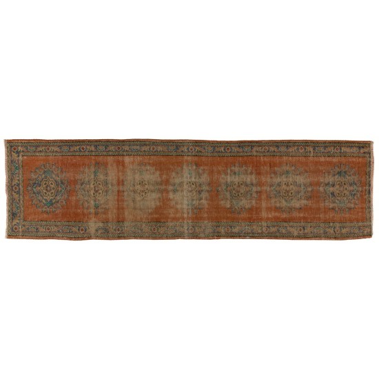 Vintage Hand-Knotted Turkish Wool Runner Rug in Rust Red, Indigo